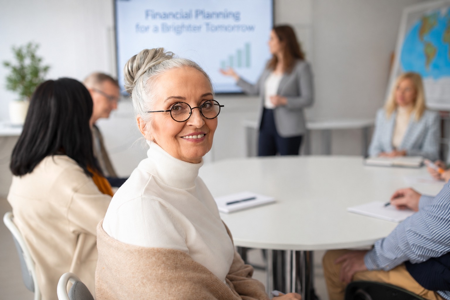A woman smiling at a small financial planning seminar